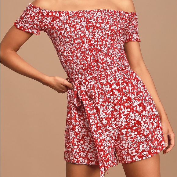 COPY - Charming Look Red Floral Print Smocked Off-the-Shoulder Romper - Picture 2 of 3